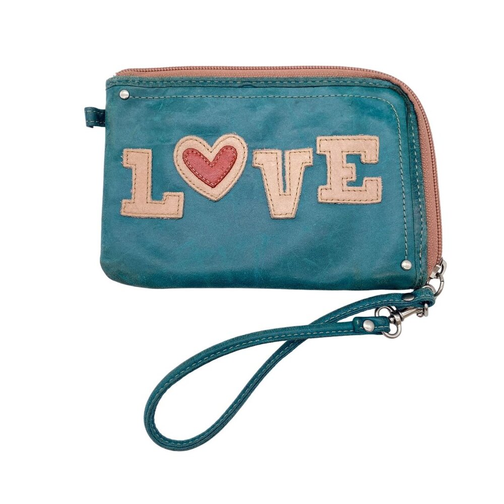 Fossil Leather zip around Wristlet Green Soft Distressed Love boho‎